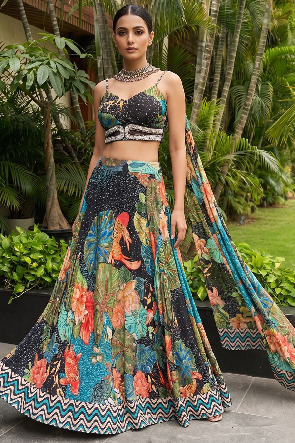 Ajiesh Oberoi Multi-Colored Organza Printed Lehenga Set