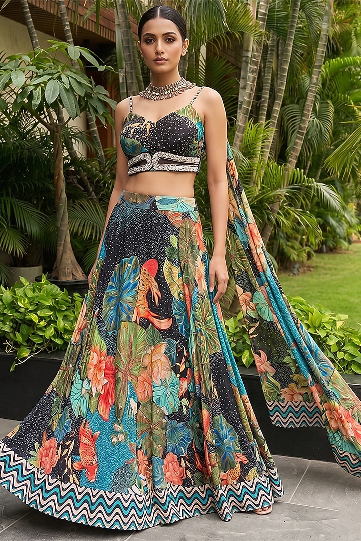Multi-Colored Organza Printed Wedding Lehenga Set by Ajiesh Oberoi at Pernia's Pop Up Shop