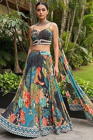 Multi-Colored Organza Printed Lehenga Set by Ajiesh Oberoi