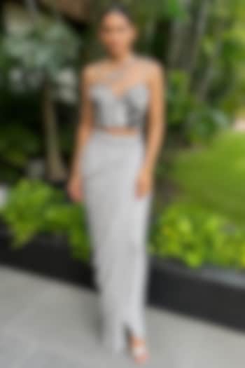 White Bamboo Crepe Embellished Draped Skirt Set by Ajiesh Oberoi at Pernia's Pop Up Shop