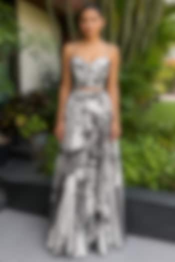 White & Black Bamboo Crepe Floral Printed Draped Skirt Set by Ajiesh Oberoi at Pernia's Pop Up Shop