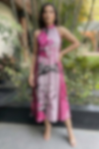 Pink & White Bamboo Crepe Printed Halter A-Line Summer Dress by Ajiesh Oberoi at Pernia's Pop Up Shop