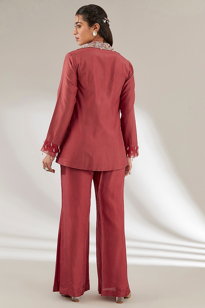 Red Uppada Silk & Modal Satin Jacket Set by Ajiesh Oberoi at Pernia's Pop Up Shop