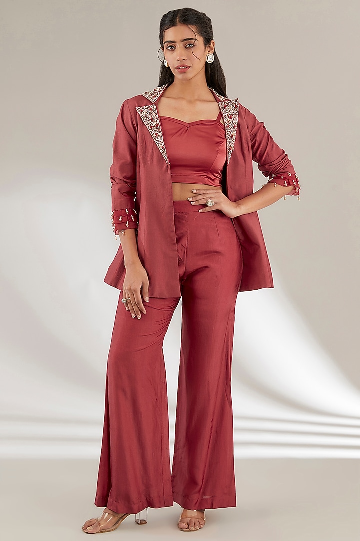 Red Uppada Silk & Modal Satin Jacket Set by Ajiesh Oberoi at Pernia's Pop Up Shop