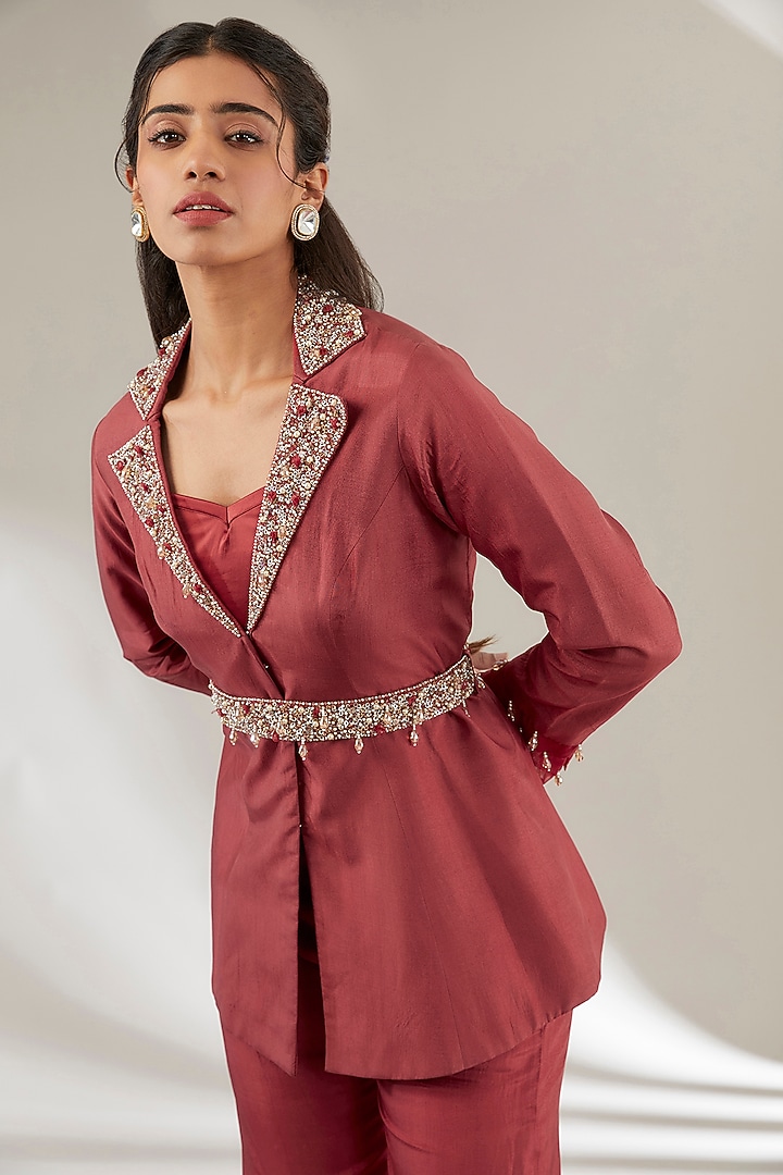 Red Uppada Silk & Modal Satin Jacket Set by Ajiesh Oberoi at Pernia's Pop Up Shop