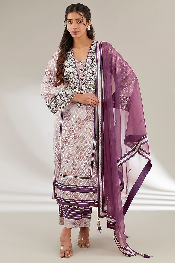 Purple Brasso & Uppada Silk Embroidered Kurta Set by Ajiesh Oberoi