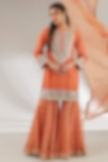 Rust Orange Uppada Silk & Mulmul Gharara Set by Ajiesh Oberoi at Pernia's Pop Up Shop