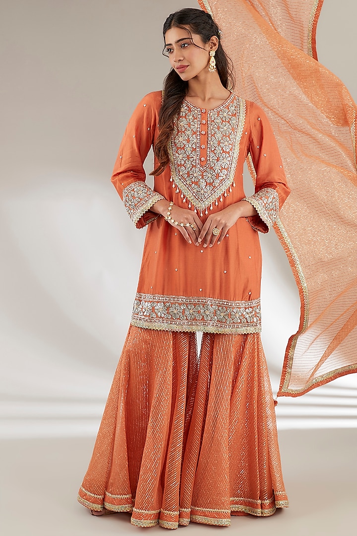 Rust Orange Uppada Silk & Mulmul Gharara Set by Ajiesh Oberoi at Pernia's Pop Up Shop