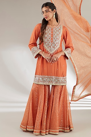 Rust Orange Uppada Silk & Mulmul Gharara Set by Ajiesh Oberoi