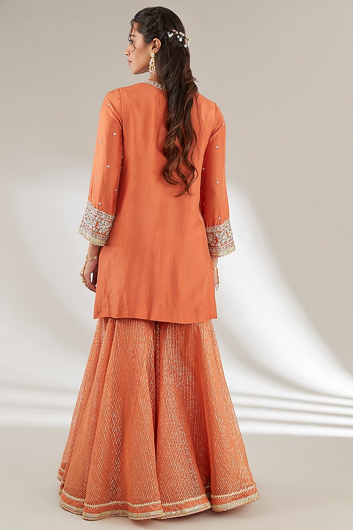 Rust Orange Uppada Silk & Mulmul Gharara Set by Ajiesh Oberoi at Pernia's Pop Up Shop