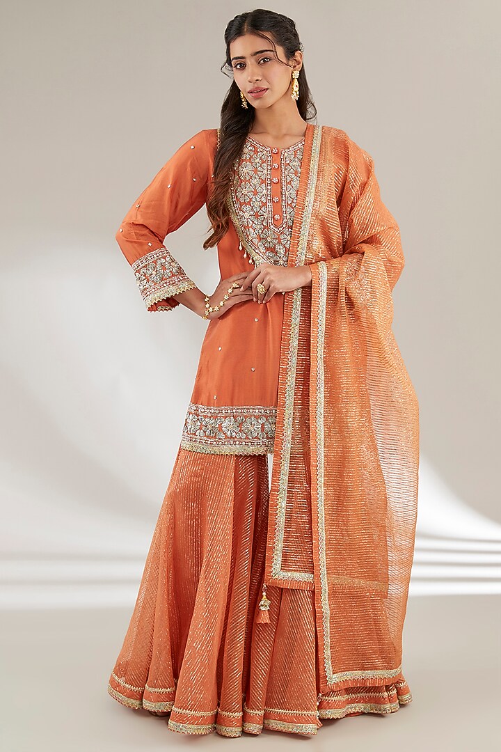 Rust Orange Uppada Silk & Mulmul Gharara Set by Ajiesh Oberoi at Pernia's Pop Up Shop