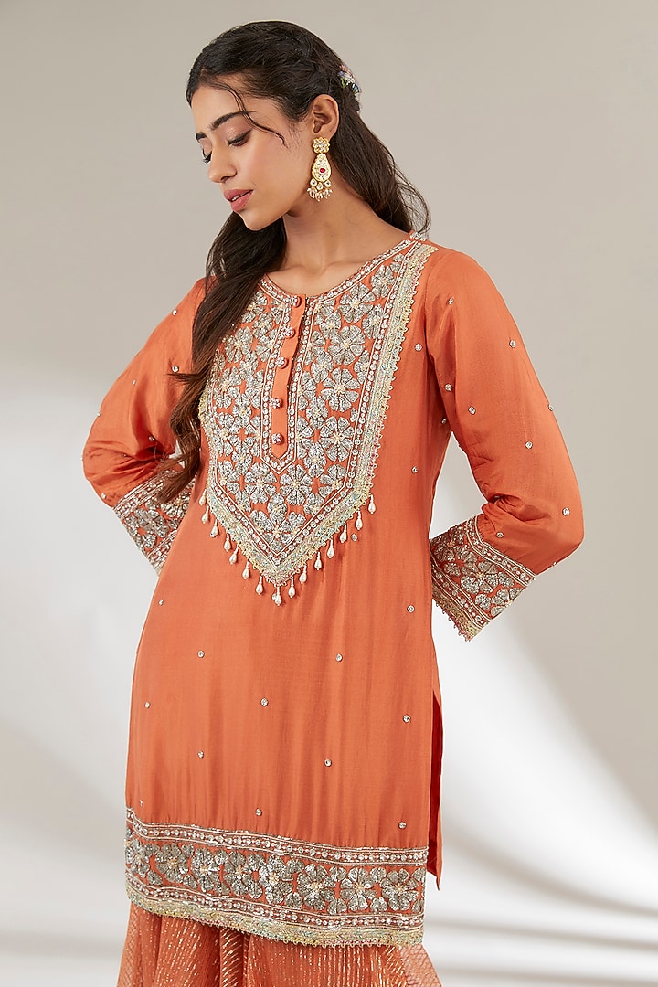 Rust Orange Uppada Silk & Mulmul Gharara Set by Ajiesh Oberoi at Pernia's Pop Up Shop