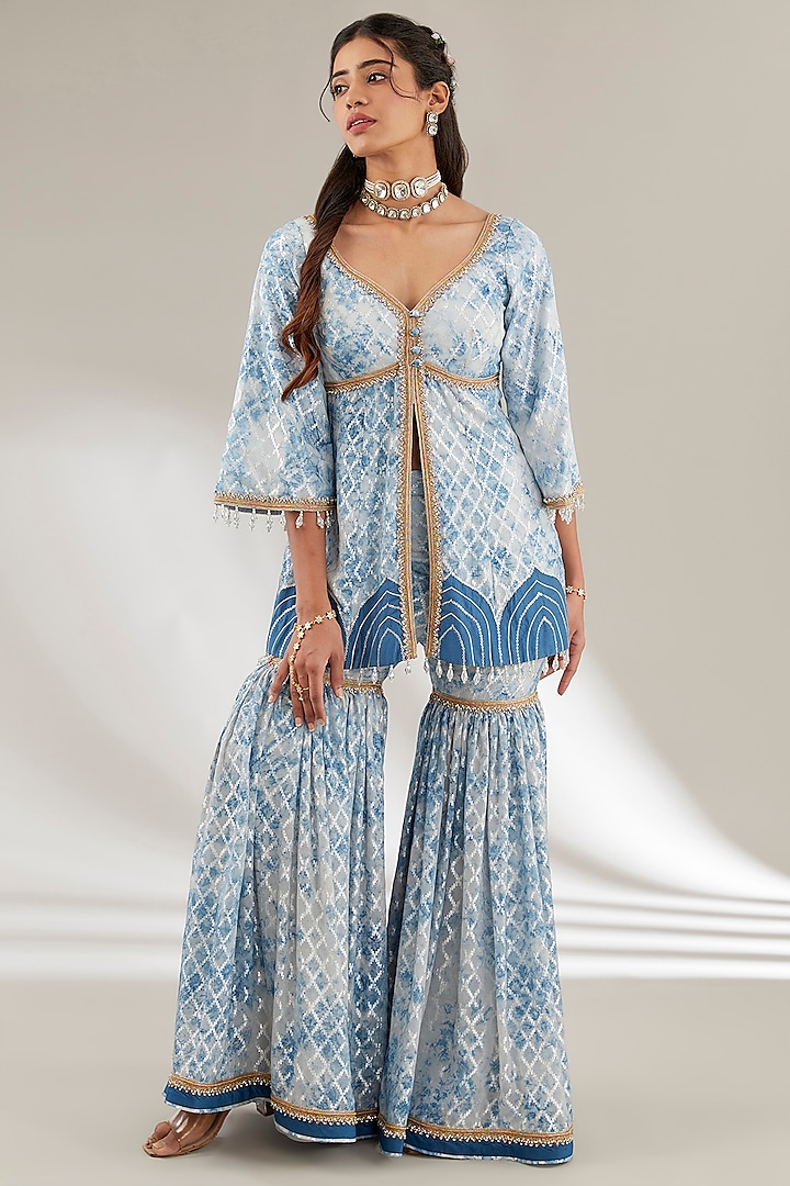 Blue Brasso & Uppada Silk Flared Gharara Set by Ajiesh Oberoi