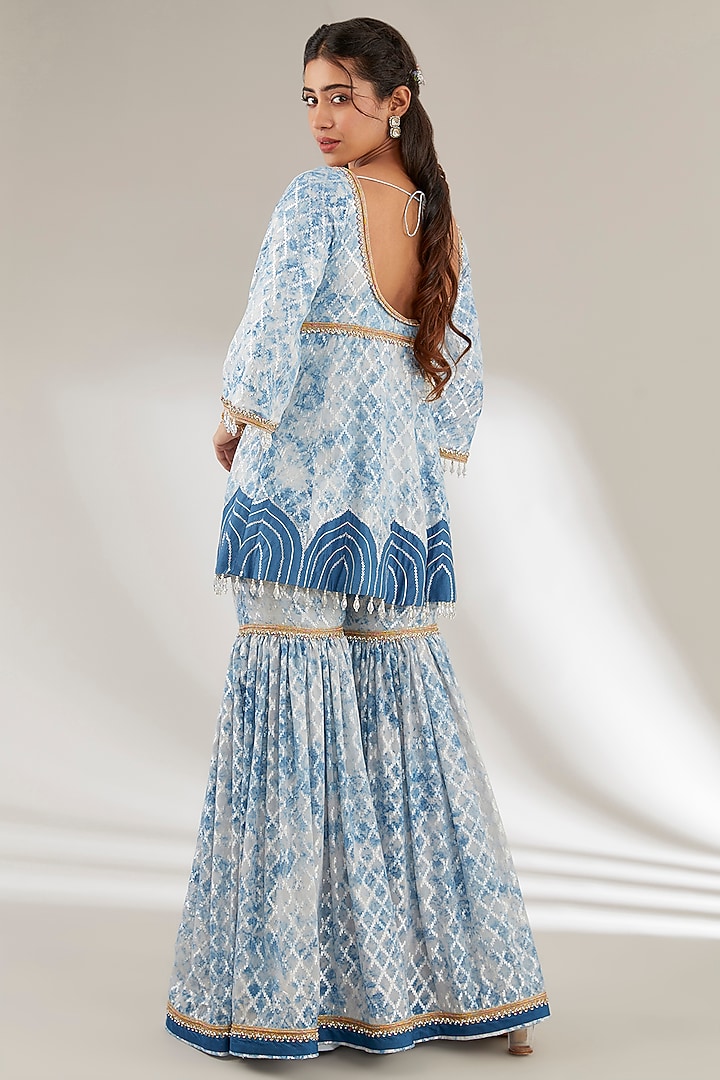 Blue Brasso & Uppada Silk Flared Gharara Set by Ajiesh Oberoi at Pernia's Pop Up Shop