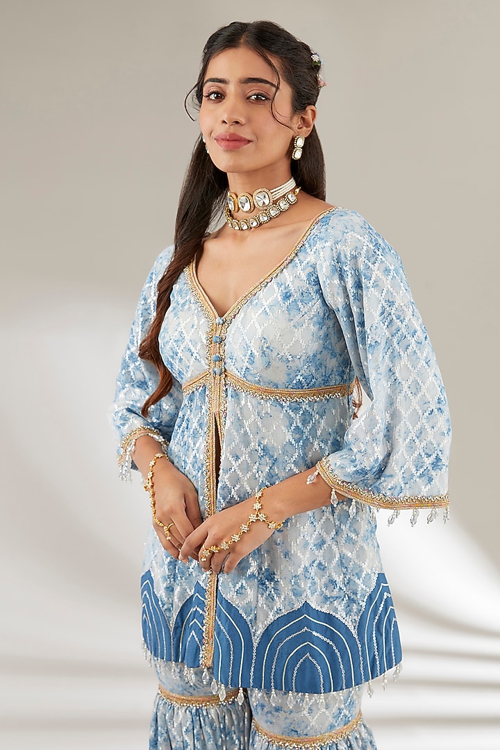 Blue Brasso & Uppada Silk Flared Gharara Set by Ajiesh Oberoi at Pernia's Pop Up Shop