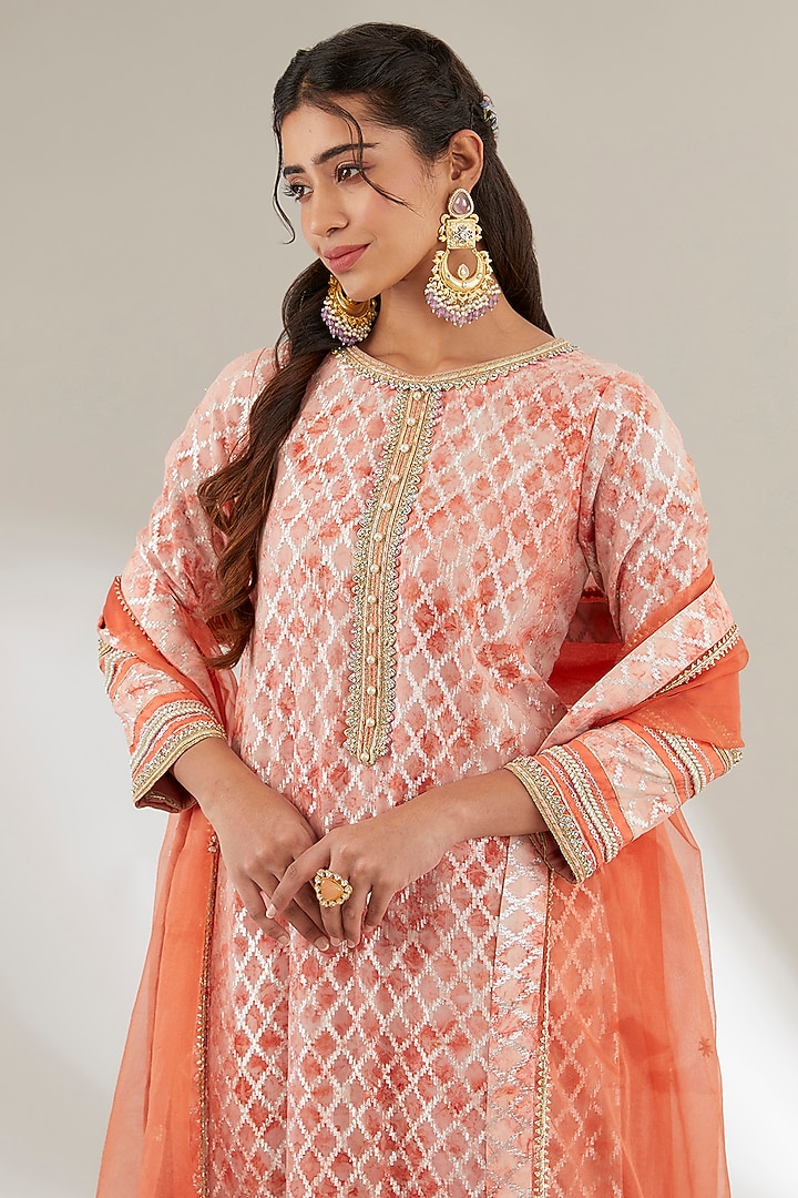 Orange Brasso & Uppada Silk Embroidered Kurta Set by Ajiesh Oberoi at Pernia's Pop Up Shop