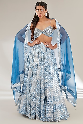 Blue Brasso & Uppada Silk Flared Lehenga Set by Ajiesh Oberoi