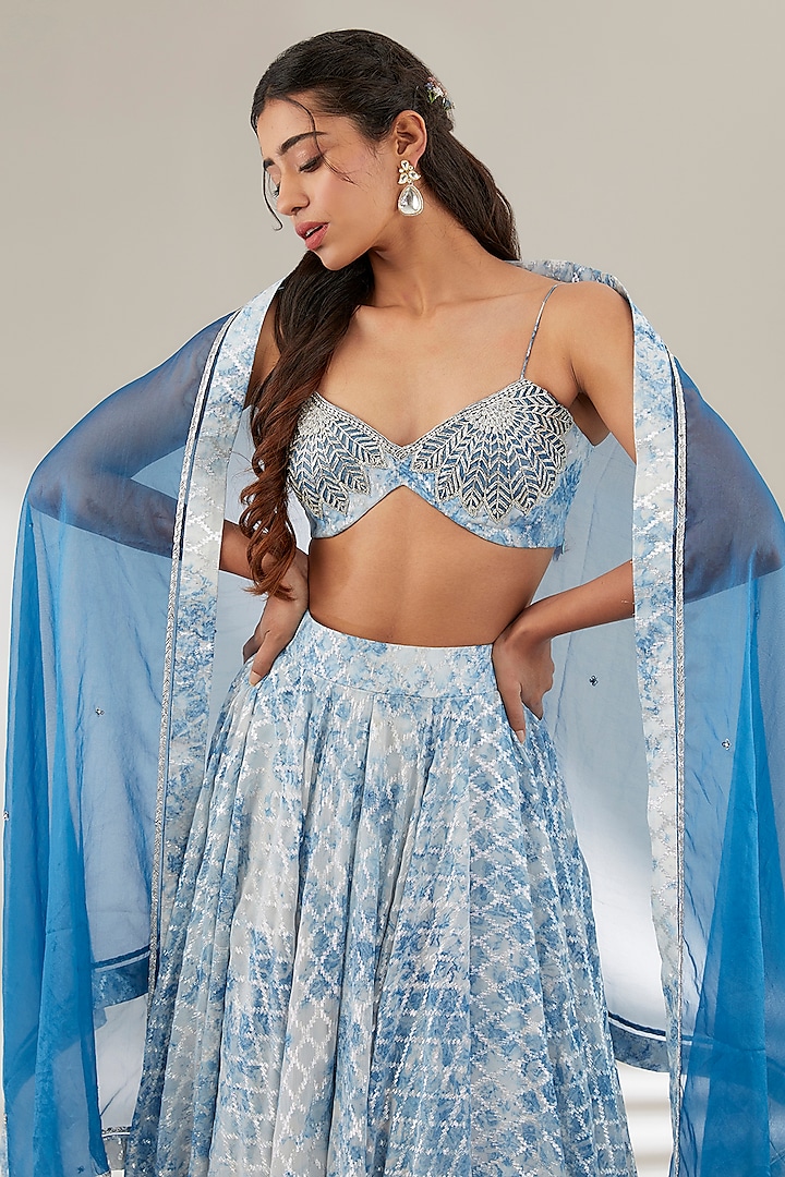 Blue Brasso & Uppada Silk Flared Wedding Lehenga Set by Ajiesh Oberoi at Pernia's Pop Up Shop