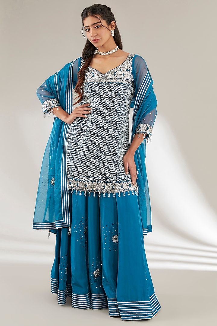 Blue Mulmul & Uppada Silk Jaal Embroidered Sharara Set by Ajiesh Oberoi at Pernia's Pop Up Shop