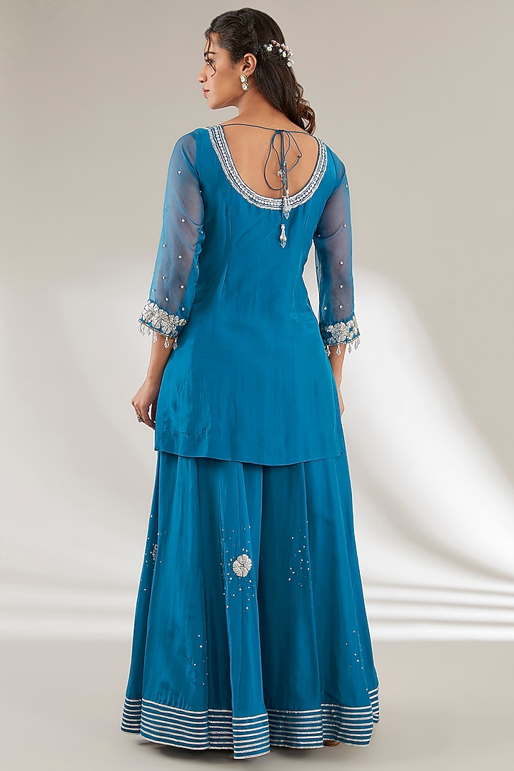 Blue Mulmul & Uppada Silk Jaal Embroidered Wedding Sharara Set by Ajiesh Oberoi at Pernia's Pop Up Shop