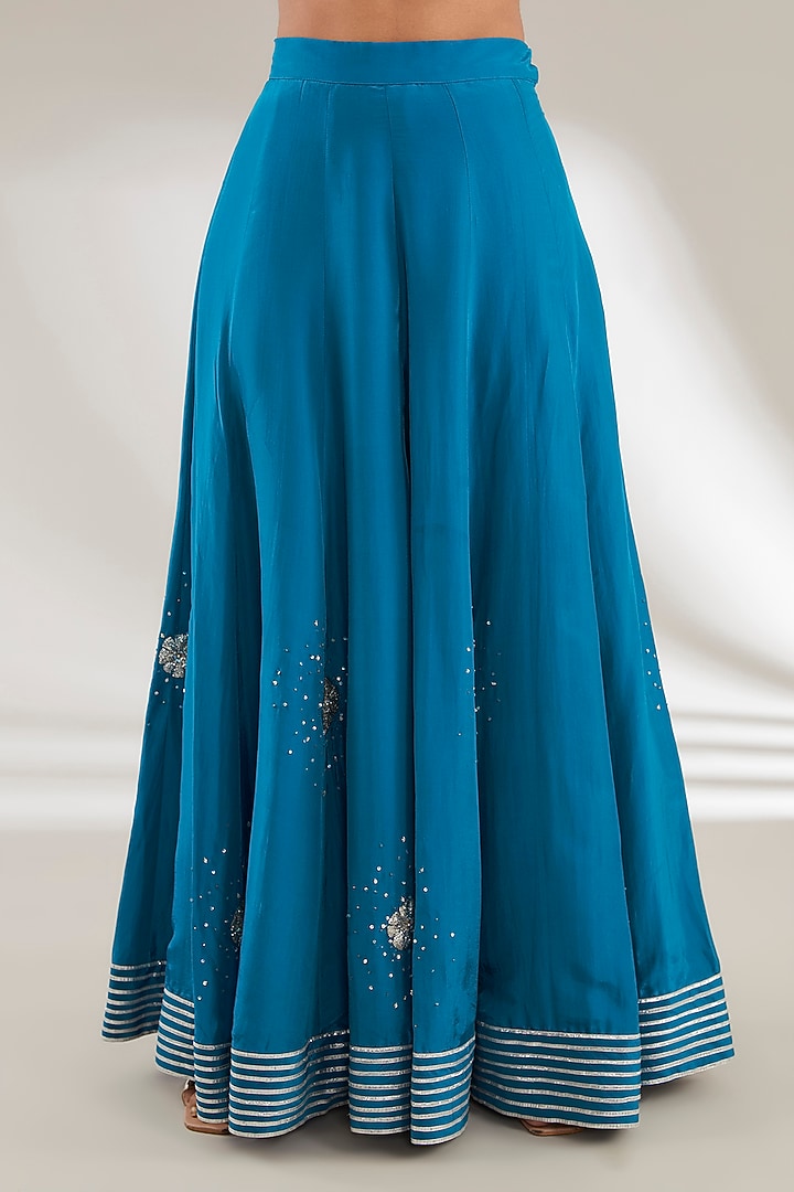 Blue Mulmul & Uppada Silk Jaal Embroidered Wedding Sharara Set by Ajiesh Oberoi at Pernia's Pop Up Shop
