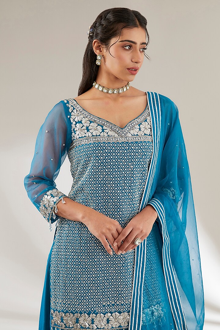 Blue Mulmul & Uppada Silk Jaal Embroidered Wedding Sharara Set by Ajiesh Oberoi at Pernia's Pop Up Shop