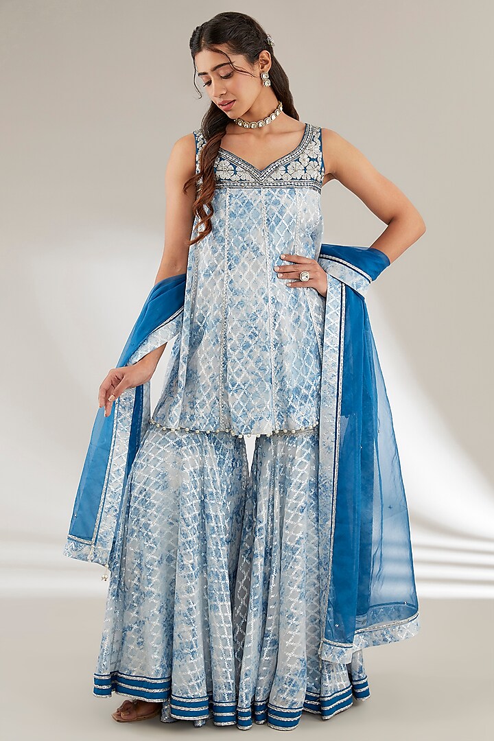 Blue Brasoo & Mulmul Embroidered Gharara Set by Ajiesh Oberoi