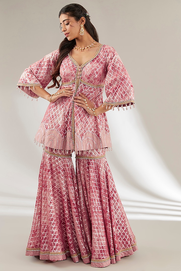 Pink Brasso & Uppada Silk Flared Gharara Set by Ajiesh Oberoi at Pernia's Pop Up Shop