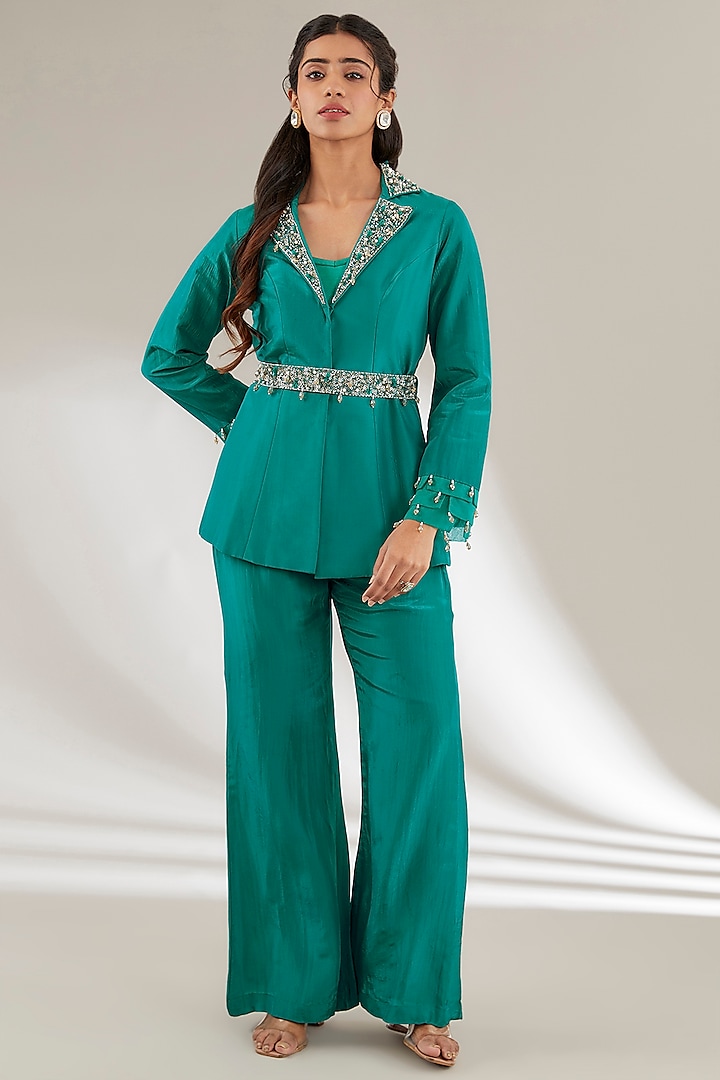 Green Modal Satin Co-Ord Set by Ajiesh Oberoi at Pernia's Pop Up Shop