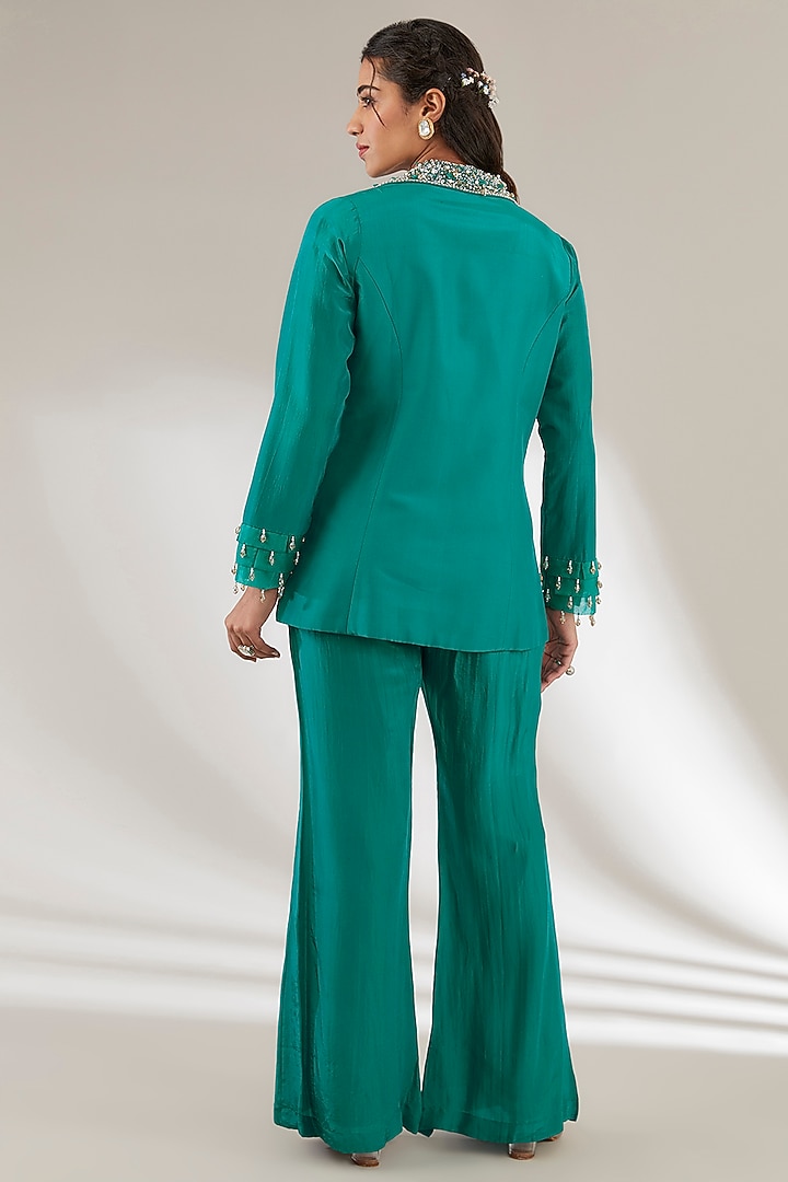 Green Modal Satin Co-Ord Set by Ajiesh Oberoi at Pernia's Pop Up Shop