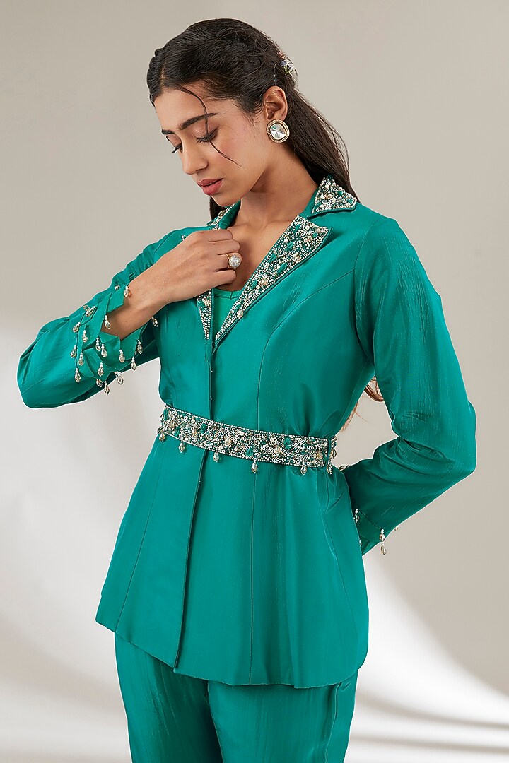 Green Modal Satin Co-Ord Set by Ajiesh Oberoi at Pernia's Pop Up Shop