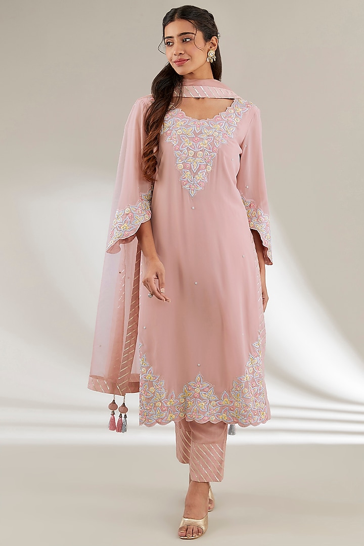 Pink Dupion Silk Gota Embroidered Kurta Set by Ajiesh Oberoi