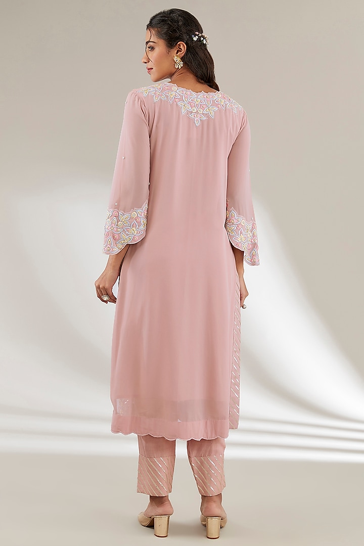 Pink Dupion Silk Gota Embroidered Kurta Set by Ajiesh Oberoi at Pernia's Pop Up Shop