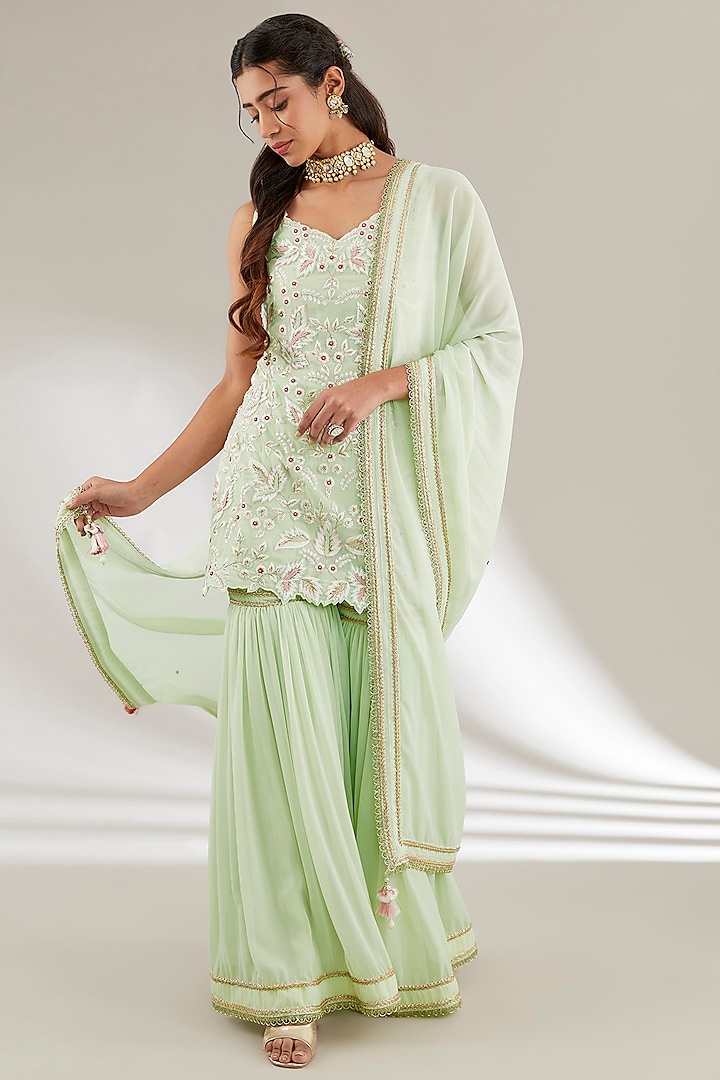 Sea Green Georgette Gharara Set by Ajiesh Oberoi at Pernia's Pop Up Shop