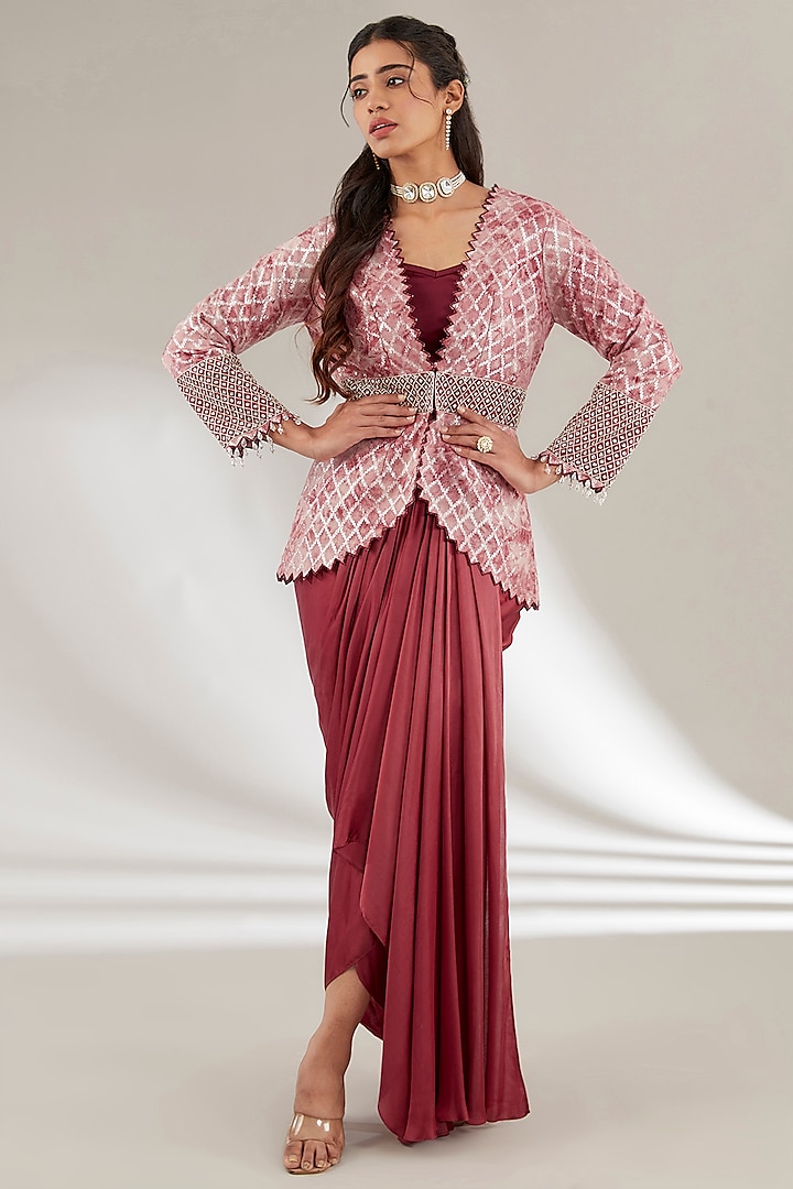 Pink Opada Silk Skirt Set by Ajiesh Oberoi