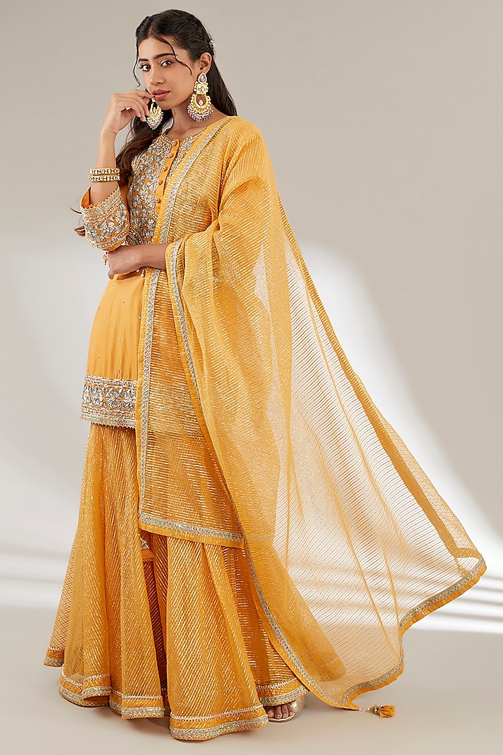 Yellow Opada Silk Gharara Set by Ajiesh Oberoi at Pernia's Pop Up Shop