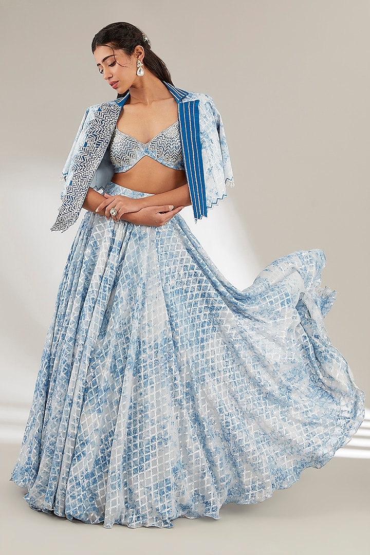 Blue Upada Silk Flared Skirt Set by Ajiesh Oberoi at Pernia's Pop Up Shop