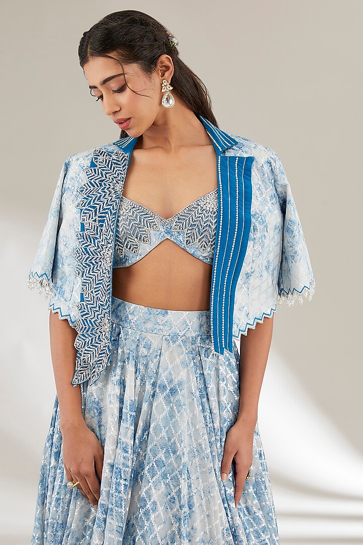 Blue Upada Silk Flared Skirt Set by Ajiesh Oberoi at Pernia's Pop Up Shop
