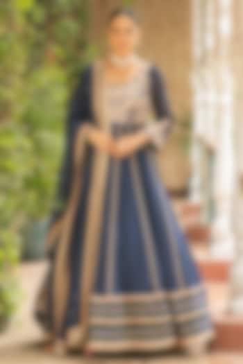 Navy Blue Lycra & Mul Mul Embroidered Wedding Anarkali Set by Ajiesh Oberoi at Pernia's Pop Up Shop
