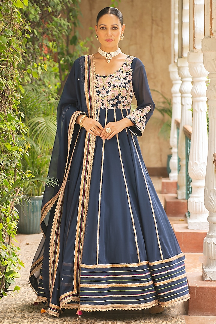 Navy Blue Lycra & Mul Mul Embroidered Wedding Anarkali Set by Ajiesh Oberoi at Pernia's Pop Up Shop