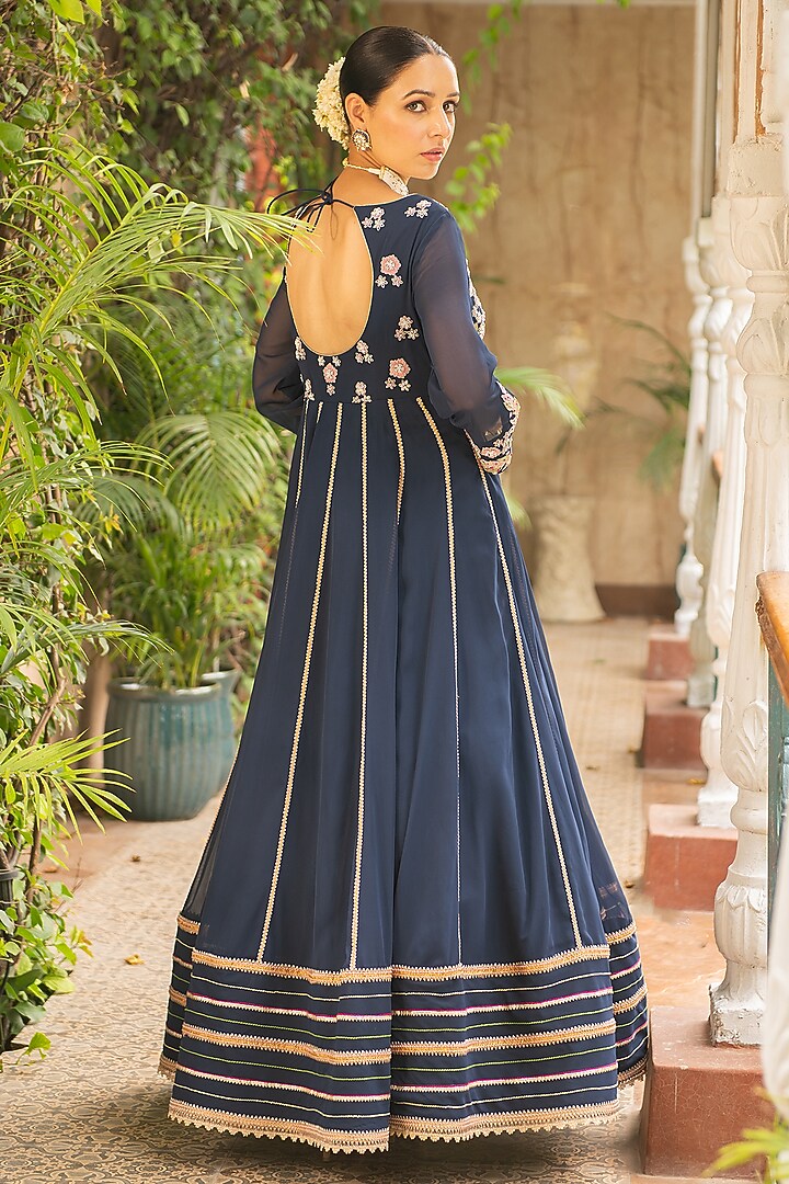 Navy Blue Lycra & Mul Mul Embroidered Wedding Anarkali Set by Ajiesh Oberoi at Pernia's Pop Up Shop