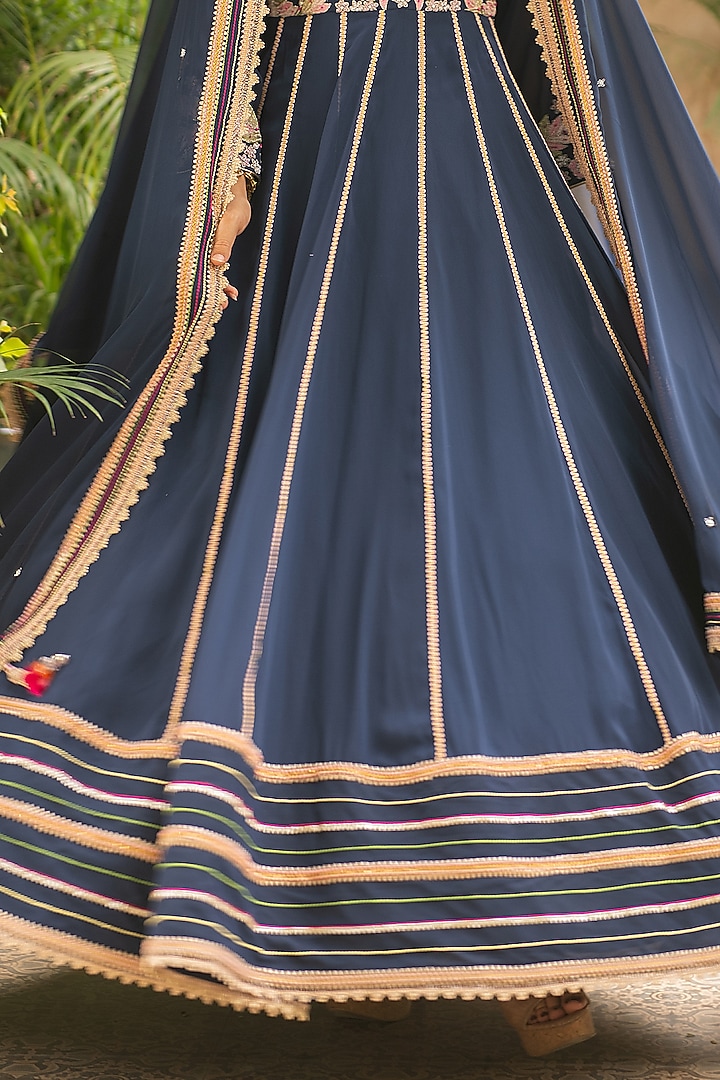 Navy Blue Lycra & Mul Mul Embroidered Wedding Anarkali Set by Ajiesh Oberoi at Pernia's Pop Up Shop