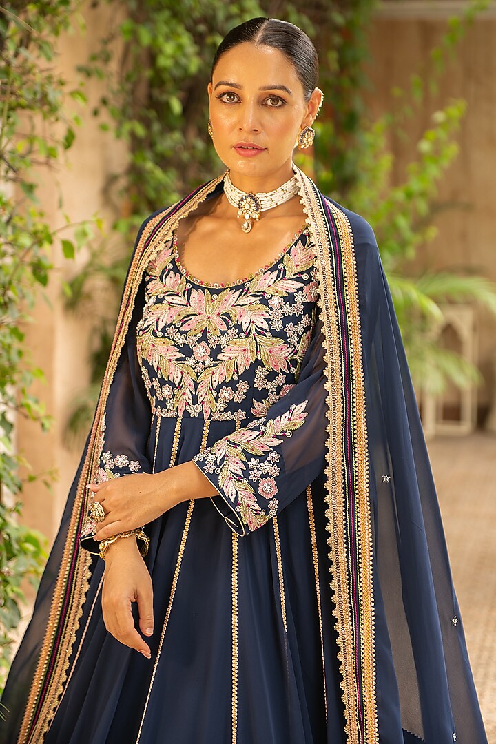 Navy Blue Lycra & Mul Mul Embroidered Wedding Anarkali Set by Ajiesh Oberoi at Pernia's Pop Up Shop