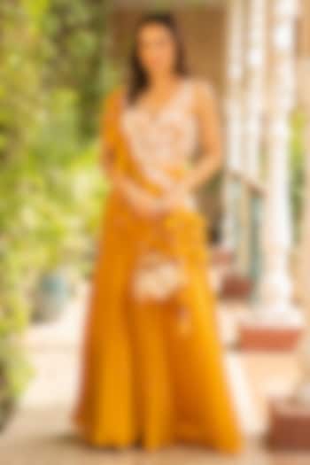 Mustard Georgette Party Wear Sharara Set by Ajiesh Oberoi at Pernia's Pop Up Shop