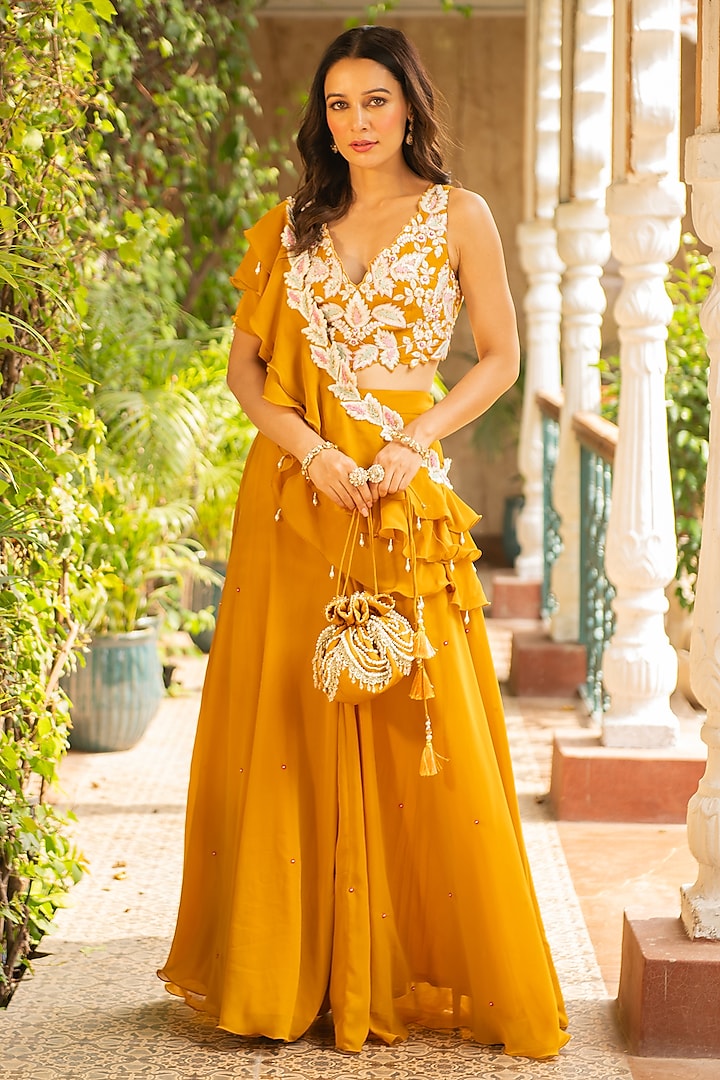 Mustard Georgette Party Wear Sharara Set by Ajiesh Oberoi at Pernia's Pop Up Shop