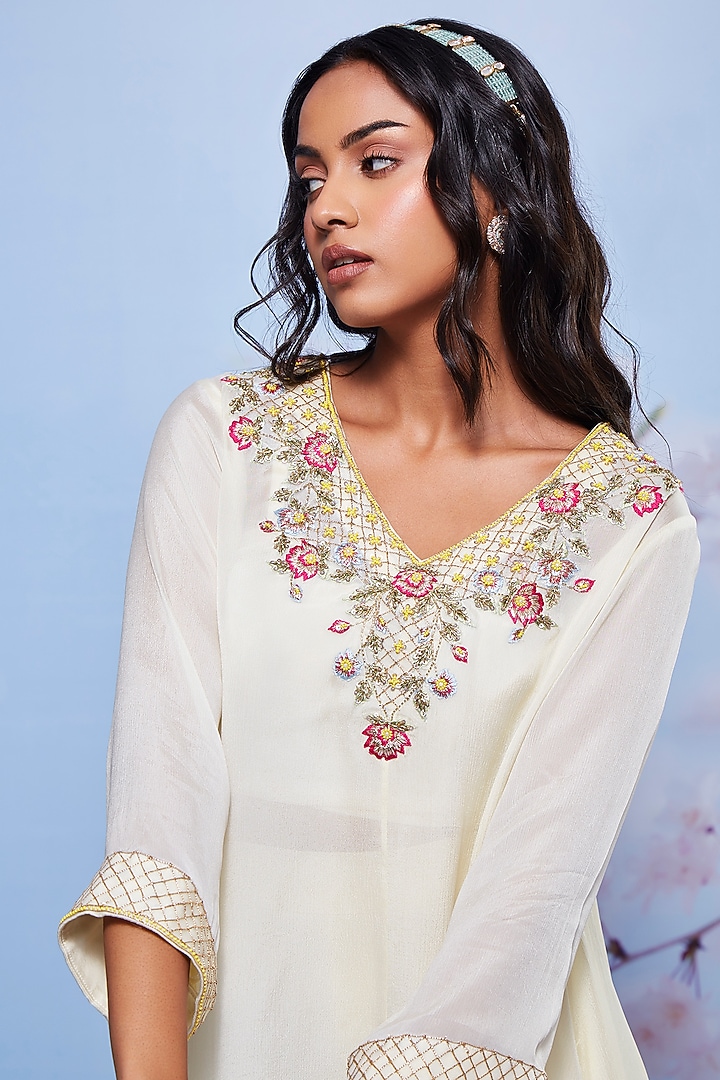 Ivory Chiffon & Cotton Lycra Party Wear Sharara Set by Ajiesh Oberoi at Pernia's Pop Up Shop