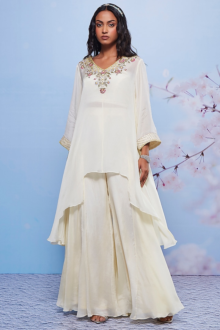 Ivory Chiffon & Cotton Lycra Party Wear Sharara Set by Ajiesh Oberoi at Pernia's Pop Up Shop