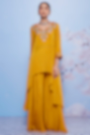 Mustard Chiffon & Cotton Lycra Party Wear Sharara Set by Ajiesh Oberoi at Pernia's Pop Up Shop