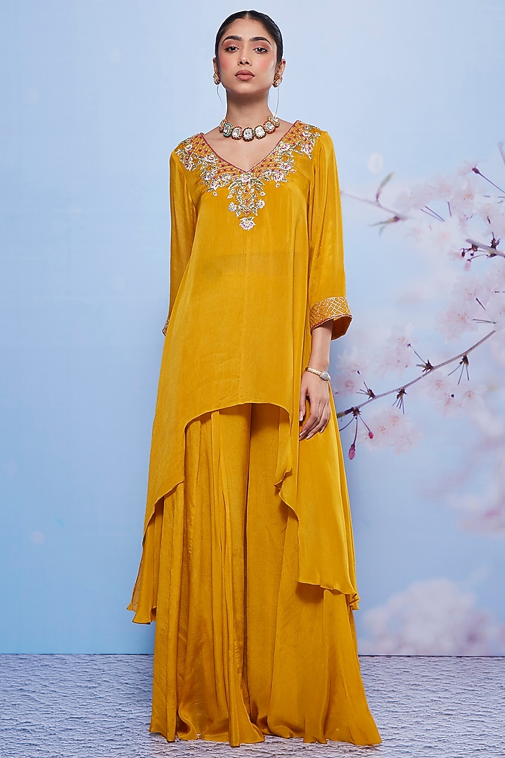 Mustard Chiffon & Cotton Lycra Party Wear Sharara Set by Ajiesh Oberoi at Pernia's Pop Up Shop