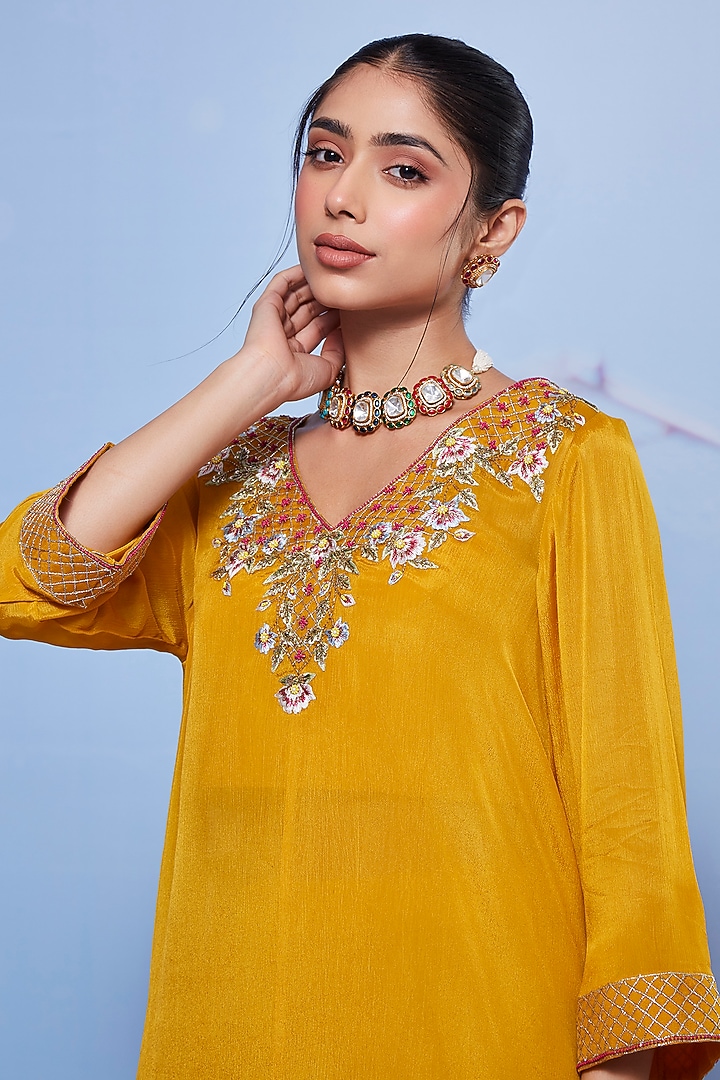 Mustard Chiffon & Cotton Lycra Party Wear Sharara Set by Ajiesh Oberoi at Pernia's Pop Up Shop